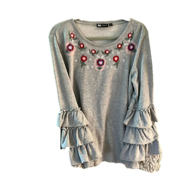 Baku grey minifield embroidered ruffled sleeve sweatshirt NEW - Picture 1 of 7